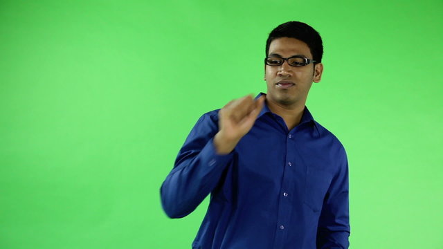 man with virtual computer on green screen