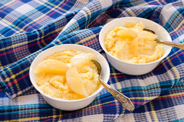Polenta and pear slices