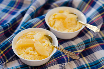 Polenta and pear slices
