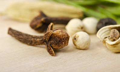 fragrant scented natural spices with a sprig of rosemary on the