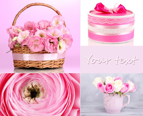 Collage of photos with flowers and gifts