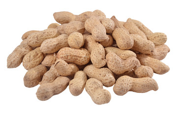 Heap of whole peanuts on a white