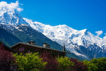 View of Mont Blanc Mountain Massif from Les Praz de Chamonix,