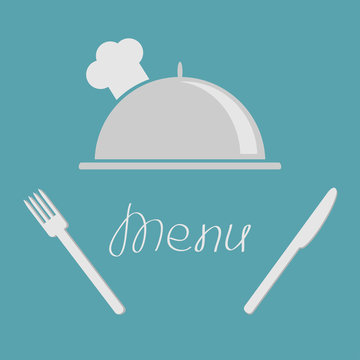 Silver Platter Cloche Fork  Knife. Menu Cover Flat Design