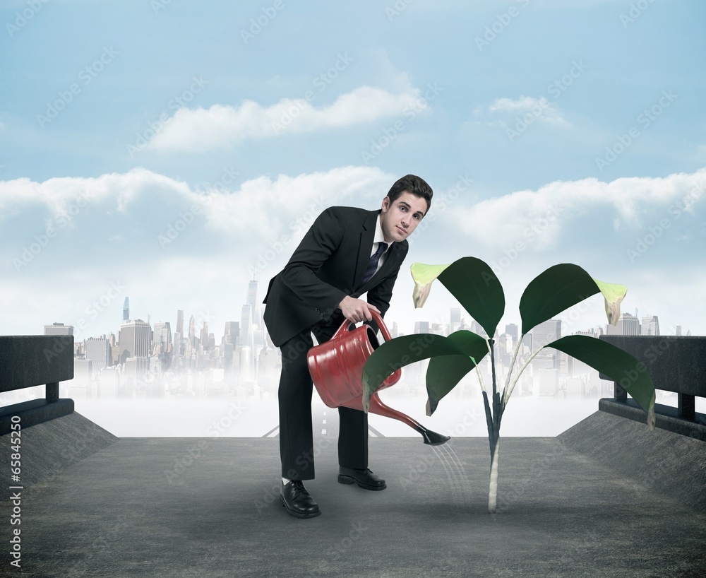 Poster composite image of businessman watering with red can