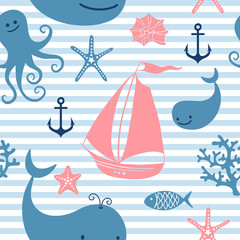 Fototapeta premium Seamless pattern with cute whales, sailing.