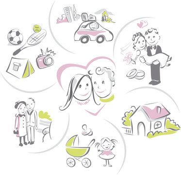 Family life of a couple, funny vector illustrations set