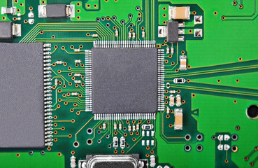 Close up of a printed green computer circuit board, DOF