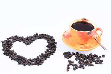 Cup of hot drink with coffee bean and heart