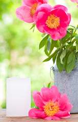 Pink peonies in metal vase and empty card for letter