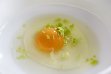 Raw egg in a white bowl