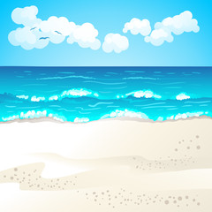 Summer beach with cartoon starfish and umbrella