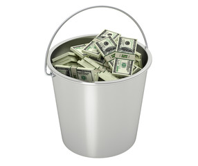 100 Dollar bills in a bucket - isolated on white