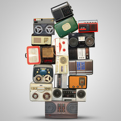Retro recorder, audio system, collage of music, background