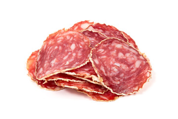 Slices of salami sausage on a white background