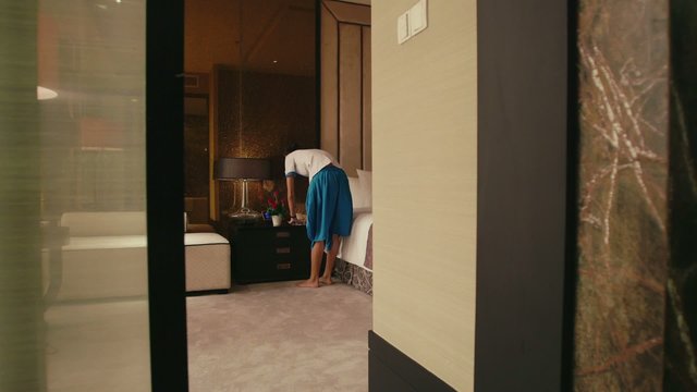 5of5 Asian maid cleaning hotel room, woman, people working