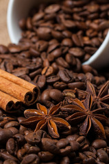 Coffee beans, cinnamon and aniseed in coffee cup