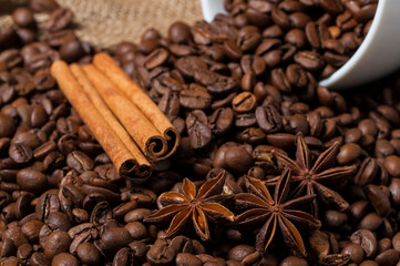 Coffee beans, cinnamon and aniseed in coffee cup