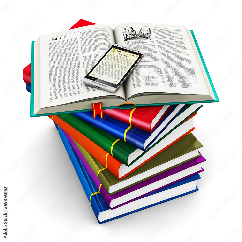 Poster smartphone and stack of color books