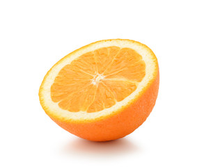 Half orange fruit on white background, fresh and juicy