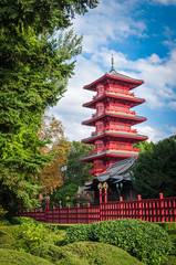 Chinese red tower at park in Brussels, Belgium