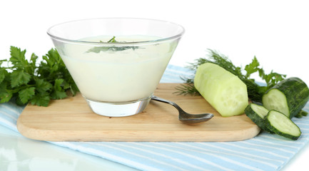 Cucumber yogurt in glass bowl,