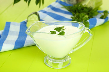 Cucumber yogurt in glass bowl,