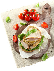 Delicious sandwiches with meet isolated on white