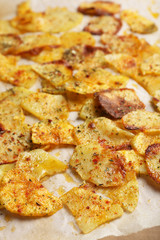 Homemade potato chips, close up