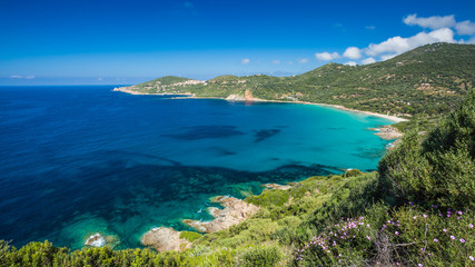 Fototapeta na wymiar Beach and coastline at Cargese in Corsica