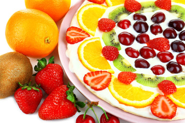 Homemade sweet pizza with fruits, close up