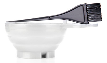 Bowl and brush for hair coloring, isolated on white