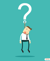 Businessman hanging on question
