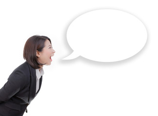 business woman screaming in blank speech bubble