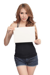 Fototapeta premium Beautiful asian women holding blank board