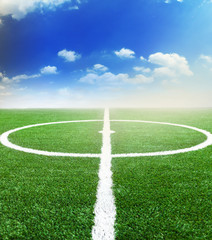 green soccer field with the blue sky