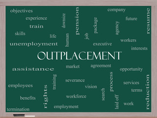 Outplacement Word Cloud Concept on a Blackboard