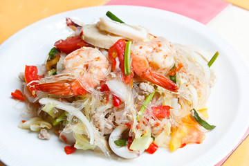 Mixed seafood and pork spicy Thai salad.