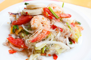 Mixed seafood and pork spicy Thai salad.