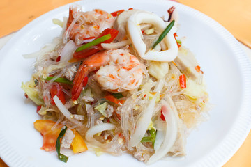 Mixed seafood and pork spicy Thai salad.
