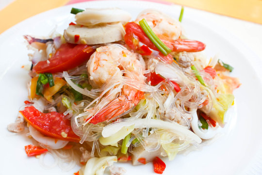 Mixed seafood and pork spicy Thai salad.