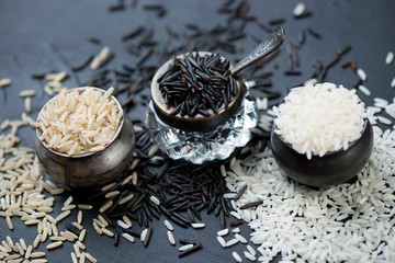 Different types of raw rice, horizontal shot