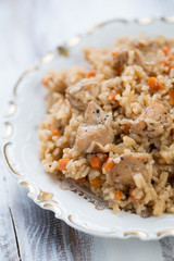 Close-up of pilaf with chicken, vertical shot