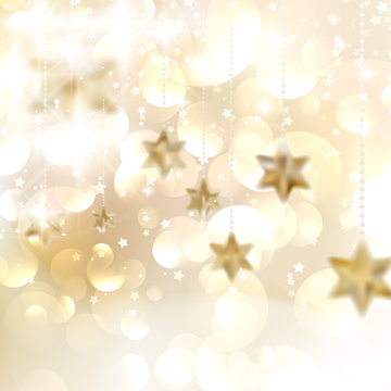 Golden Lights and Stars Christmas Background.