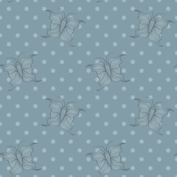 Seamless background tile in blue with cartoon butterflies 