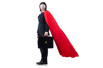 Man in red cover isolated on white