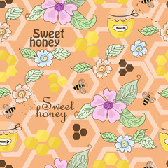 Vector seamless pattern of bees, honey and flowers