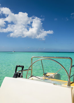 The view from white luxury catamaran in the azure water