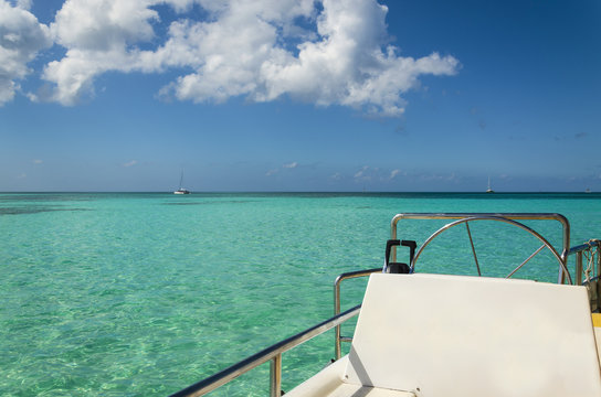 The view from white luxury catamaran in the azure water