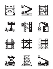 Scaffolding and construction cranes icon set